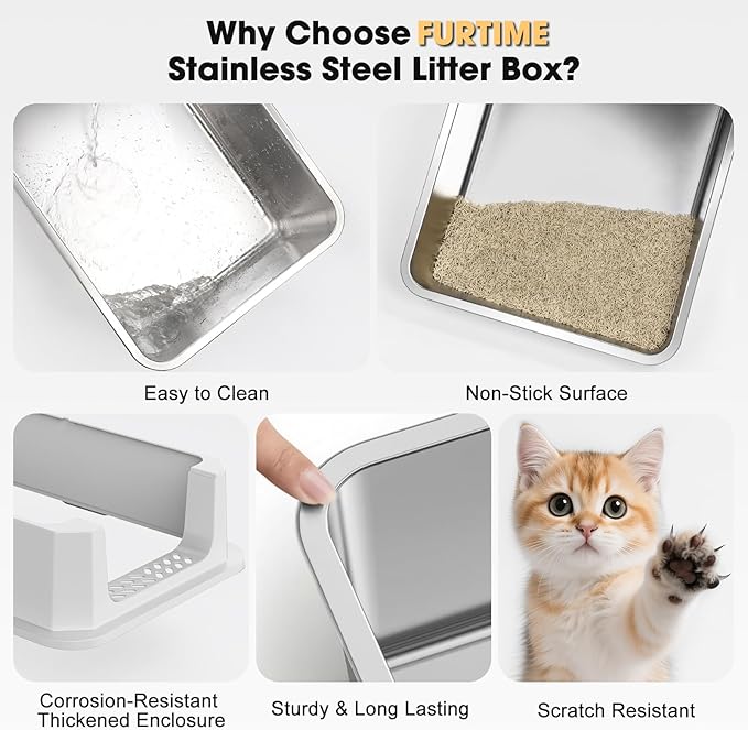 FURTIME Stainless Steel Litter Box with Lid, Large Metal Cat Litter Box for Big Cat, Large Cat Box High Sided with Non-Stick, Odor-Resistant, Anti-Urine Leakage, Easy Cleaning, Includes Scoop and Mat
