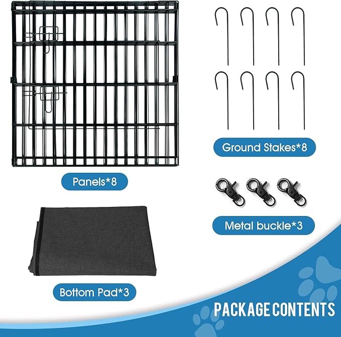 Dog Pen Pet Playpen Dog Fence Indoor Foldable Metal Wire Exercise Puppy Play Yard Pet Enclosure Indoor Outdoor 8 Panels 24 Inch with Bottom Pad (Bottom Cover Fence with Printing)