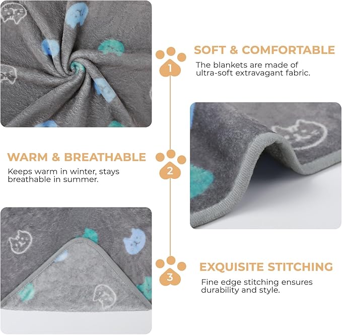 1 Pack 3 Blankets Super Soft Fluffy Premium Cute Cat Pattern Pet Blanket Flannel Throw for Dog Puppy Kitten Blue/Cyan/Grey Large(41x31 inch)