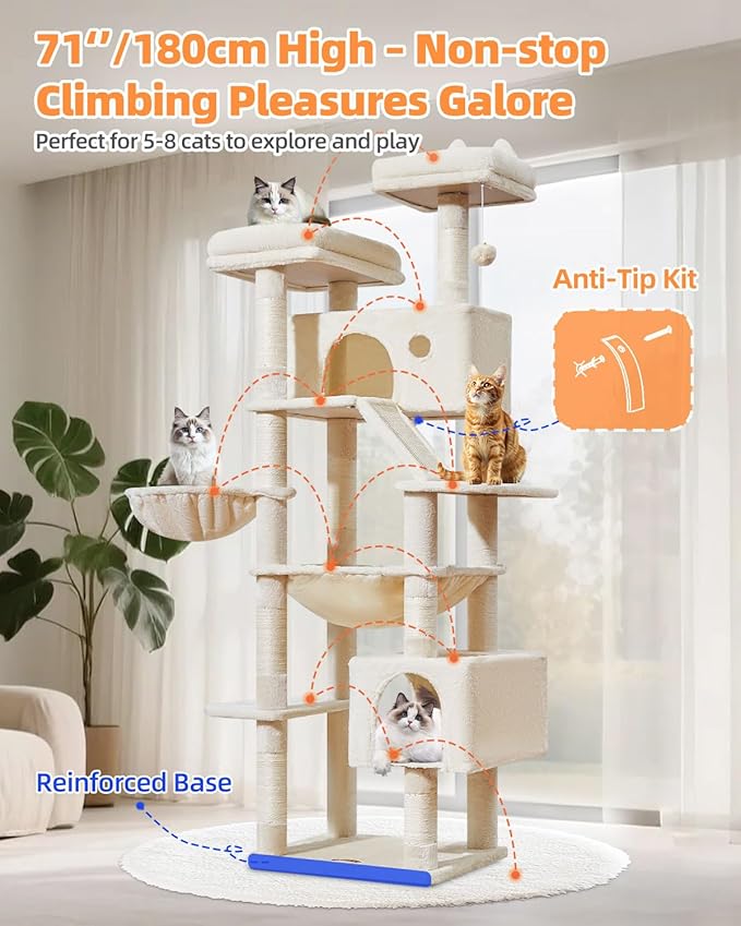 Taoqimiao Cat Tree 71-Inch, Cat Tower for Indoor Cats Large Adult, Multi-Level Large Cat Condo, 8 Sisal Scratching Posts, Metal Frame Cozy Hammock, Scratch Board, 2 Top Perches, Beige MS026LM