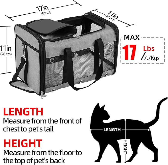 Soft Sided Cat/Dog Carrier,Collapsible Pets Travel Carriers for Pet/Puppy with Shoulder Strap & Removable Mat,Mesh Top Load Small Dogs/Cats Carry Bag Up to 17 Lbs TSA Airline Approved（Grey,M）