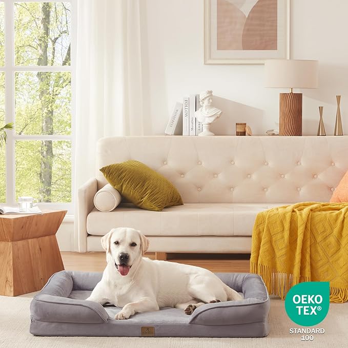 Bedfolks Orthopedic Dog Bed XL, Waterproof Dog Sofa Bed for Extra Large Dogs, Egg Foam Pet Couch Bed with Removable Washable Cover and Nonslip Bottom, Light Grey