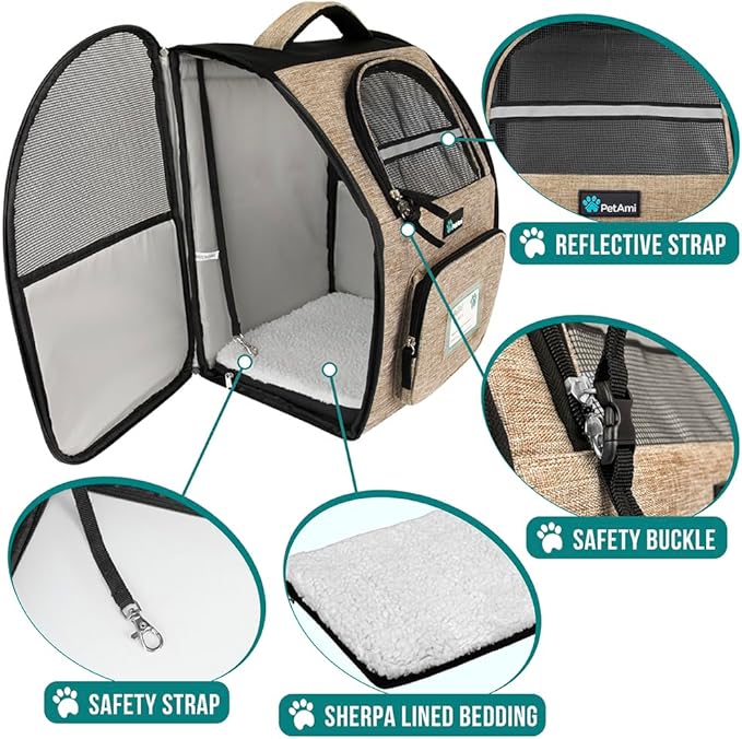PetAmi Dog Backpack Carrier for Small Large Cat, Pet, Puppy, Ventilated Pet Hiking Backpack Travel Bag, Airline Approved Cat Backpack Carrier, Camping Biking Dog Bag Up to 18lbs Pet, Taupe