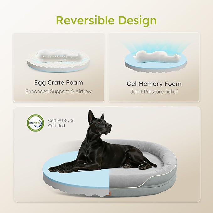 XXL Orthopedic Dog Bed, 53 in. Dog Bed for Large Sized Dogs with Full-Surround Bolsters, Dual-Sided Dog Cooling Beds with Memory Foam, Washable Pet Sofa Couch with Nonslip Bottom, Light Grey