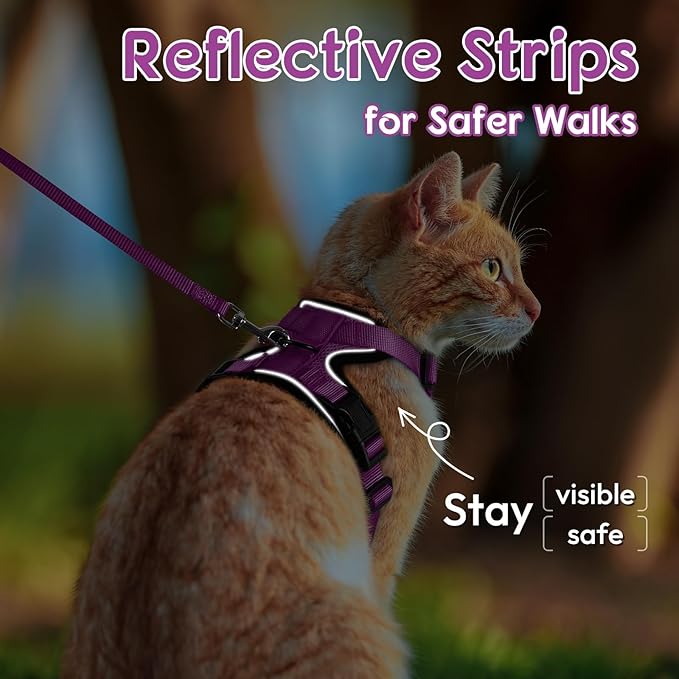 Dooradar Cat Harness and Leash Set, Escape Proof Safe Adjustable Kitten Vest Harnesses for Walking, Easy Control Soft Breathable Mesh Jacket with Reflective Strips for Cats, Purple, XXS