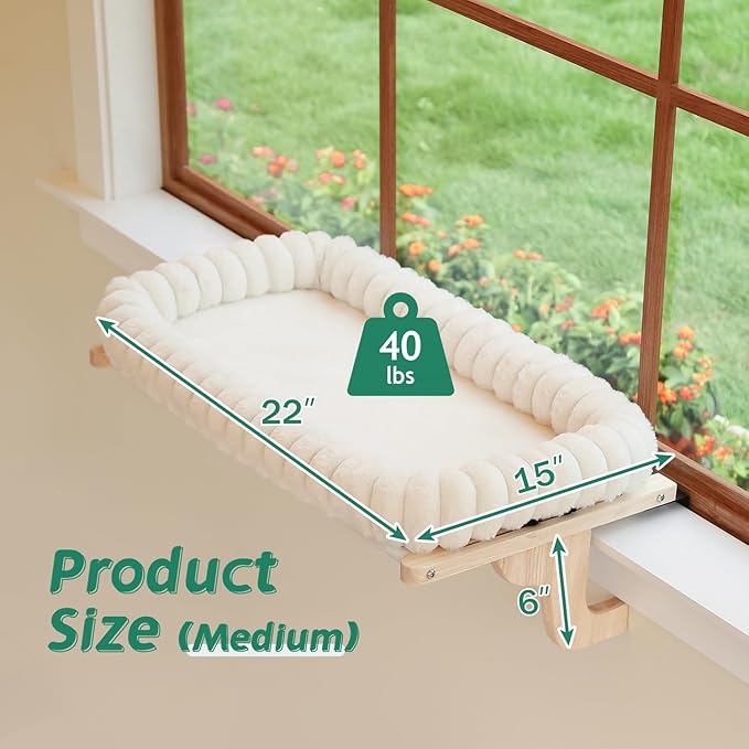 Zakkart SnugCloud Cat Window Perch with 4-Sided Bolster - Orthopedic Cat Hammock for Window Sill - Solid Hardwood & Metal Frame - Window Seat for Pets (Natural Color Wood w/White Bed, Medium)