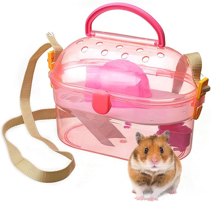 kathson Portable Hamster Cage Dwarf Hamster Carry Case Syrian Hamster Carry Travel Cage with House Food Bowl Adjustable Strap Pet Outgoing Cages Carrier for Small Hamster Young Guinea Pig Pink