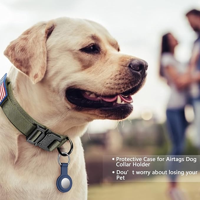 DAGANXI Tactical Dog Collar, Adjustable Military Training Nylon Dog Collar with Control Handle and Heavy Metal Buckle for Medium and Large Dogs, with Patches and Airtags Case (M, Green-Set)