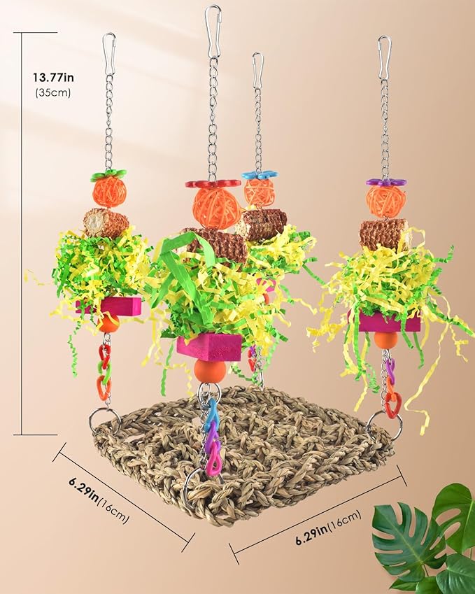 ERKOON Conure Toys, Bird Cockatiel Toys Foraging Swing Mat Parrot Climbing Hammock Wall with Colorful Toys for Birds Shredding Seagrass, Birds Cage Toy Accessories