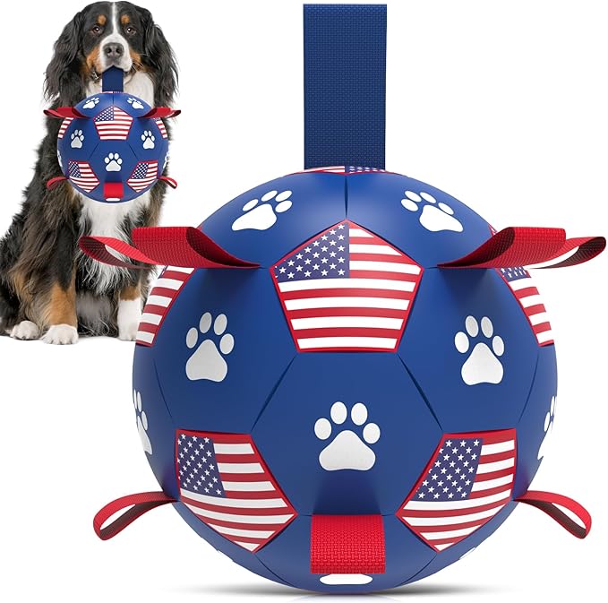 QDAN Dog Toys, Soccer Ball with Straps, Durable Dogs Balls for Extra Large Breeds, Beach Pool Water Toy, Dog Birthday Gifts, Herding Balls (9 Inch)