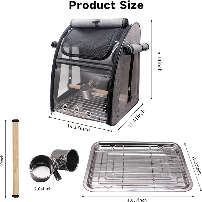 Bird Carrier Bag with Perch, Bird Travel Carrier Backpack with Stainless Steel Plate and Mesh, Portable Transparent Parakeet Travel Cage with Feeder Cups for Small Birds Parakeet Parrot