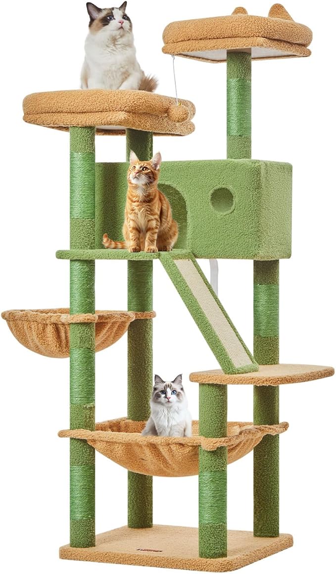 Taoqimiao Cactus Cat Tree, 57.5-Inch Cat Tower for Indoor Cats Large Adult, Extra Large Cat Condo, 8 Sisal Scratching Posts, Metal Frame Cozy Hammock, Durable Scratch Board, 2 Top Perches, MSC026