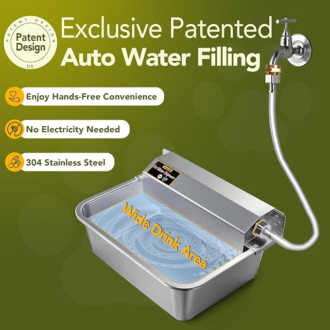 Automatic Water Dispenser for Dogs 2 Gallons, 304 Stainless Steel Dog Water Bowl Dispenser for Farm Chicken Pets Indoor&Outdoor Dog Waterer Feeder Fit 3/4'' GHT Faucet Auto Filling Wide Drinking Area