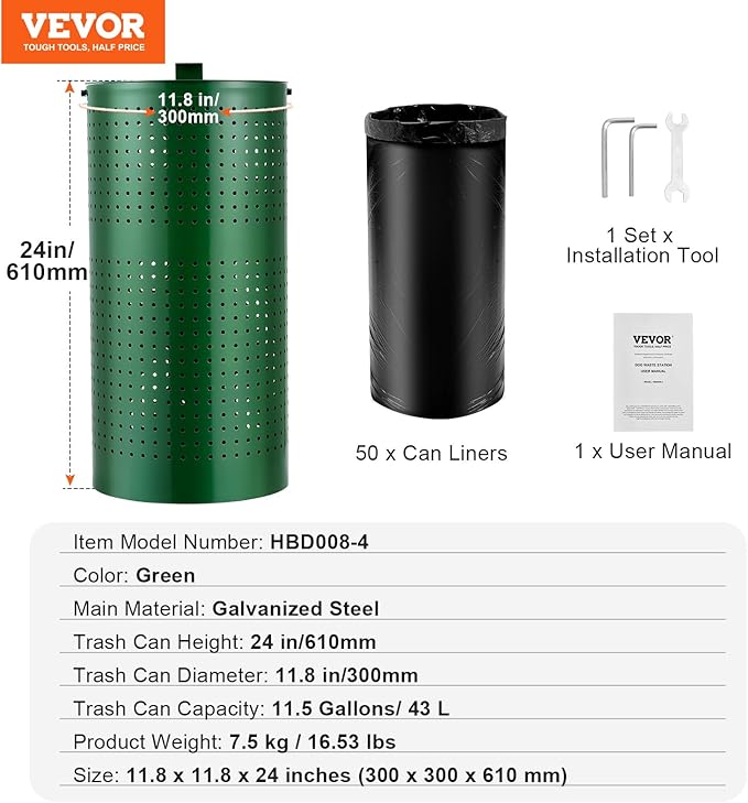 VEVOR Dog Poop Trash Can With 50 Liner Bags, 11.5 Gallons Outdoor Waste Bin With Lid & Liner Clip for Pet Waste Station, Disposal Container for Garden Backyard Park