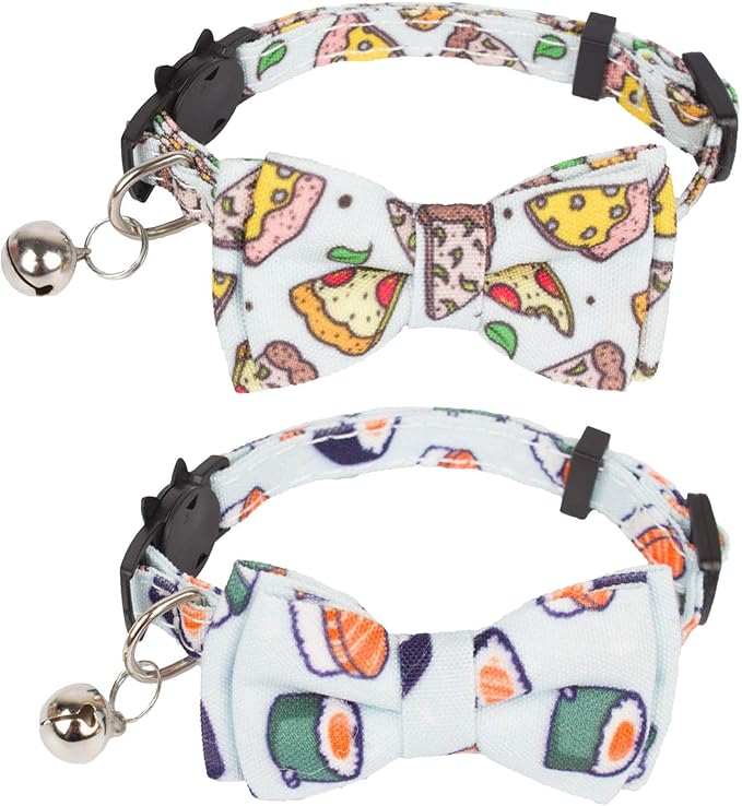 ADOGGYGO Cat Collar Breakaway with Bow Tie Bell - 2 Pack Kitten Collar with Removable Bowtie, Sushi Pizza Bowtie Collar for Cats Kittens (7.5"- 10.5")