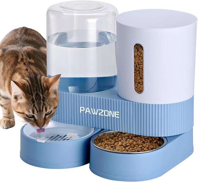 2 Pack Automatic Cat Feeder Stainless Steel Water Dispenser Gravity Food Feeder and Waterer Set with Pet Food Bowl for Small Medium Kitten Puppy Pets Large Capacity(Blue)