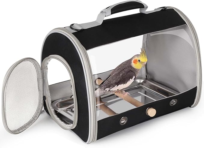 Bird Carrier, Portable Small Bird Cockatiel Conure Parrot Parakeet Carrier with Standing Perch and Stainless Steel Tray, Side Access Window Collapsible (Black, Cylinder Design - Clear)