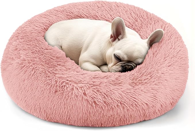 Hoewina Dog & Cat Bed, 20in Cat Beds for Indoor Cats, Calming Donut Bed for Puppy and Kitten, Washable Round Fluffy Pet Bed for Small Medium Dogs and Cats (Pink)
