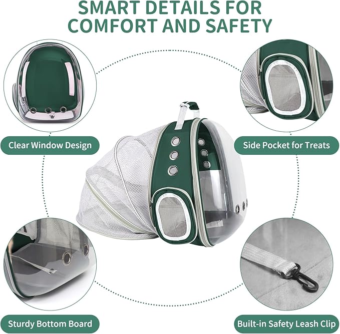 Cat Backpack Carrier, Back Expandable Pet Backpack with Bubble Window, Airline Approved Pet Travel Bag for Small/Medium Cats & Puppies, Hiking, Camping, Outdoor Use (Green)
