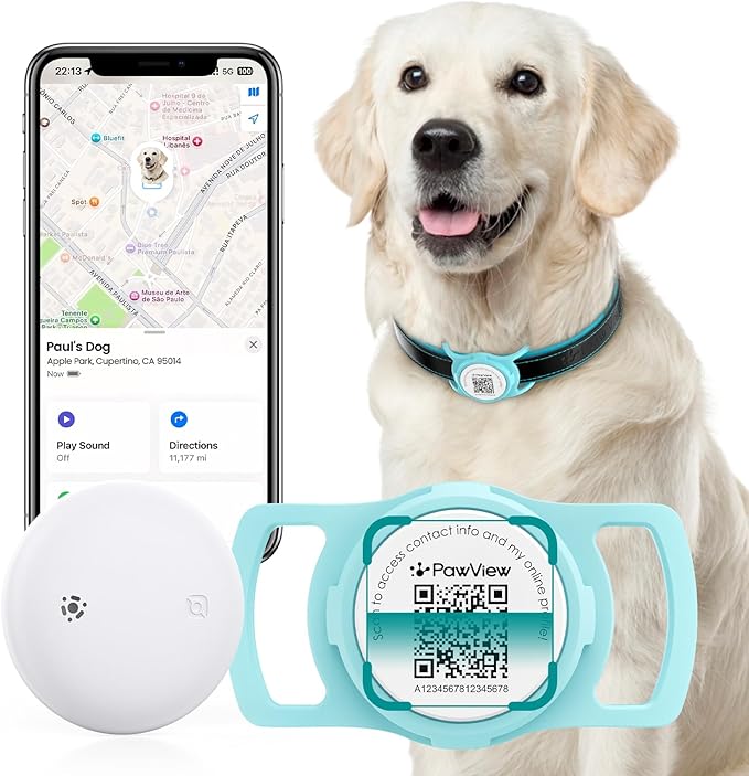 Smart Pet Tracker for Collar - Dog Trackers Location for Pet with Holder, No Monthly Fee, Real-Time Tracking, iOS Only, Emergency Contact, Long-Lasting, Anti-Lost Tracker for Cats, Bag Straps