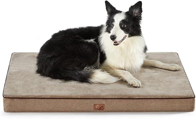 Bedsure Memory Foam Dog Beds Large Sized Dog - Orthopedic Pet Beds for Crate with Removable Washable Cover and Nonskid Bottom, Plush Flannel Fleece Top Pet Mat, Khaki
