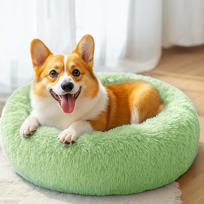 28in Large Dog Bed, Medium Size Dog and Cats, Calming Donut Bed for Puppy and Kitten, Washable Round Fluffy Pet Bed (Green)