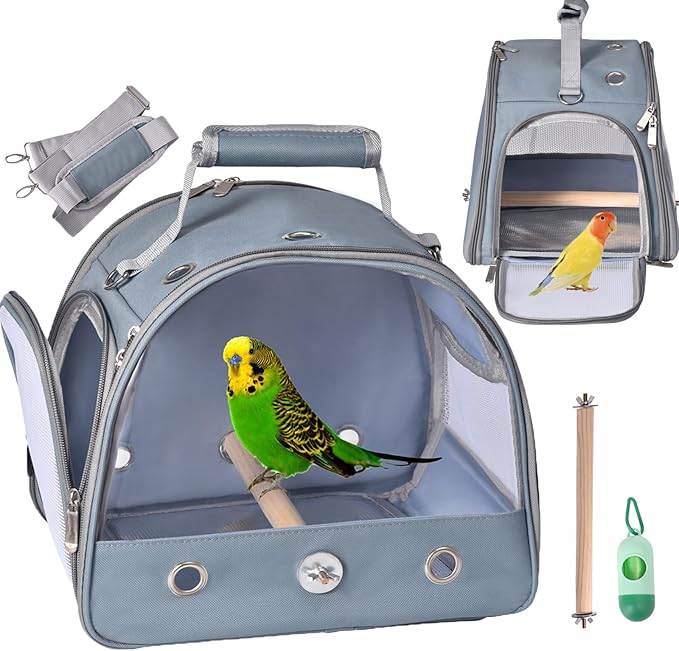 Bird Carrier Travel Cage with Stand (with Tray), Small Bird Travel Carrier for Parrot, Small Bird Cage for Travel Parakeet Carrier with Shoulder Strap, Side Access Window (Blue)