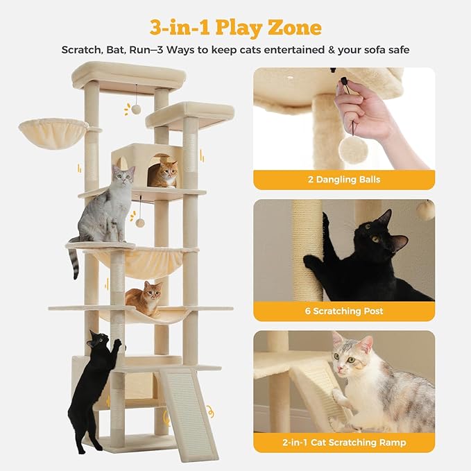 81" Heavy Duty Cat Tree for Large Cats up to 20lbs - Extra Tall Cat Tower with Metal Frame Hammock, 6 Sisal Scratching Posts, 2 Perches - Indoor Cat Furniture for Maine Coon, Big Cats, Beige