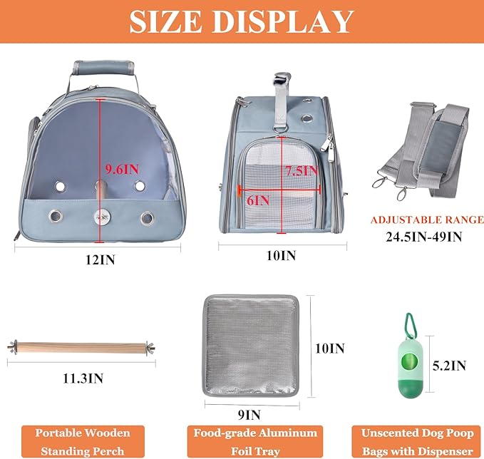 Bird Carrier Travel Cage with Stand (with Tray), Small Bird Travel Carrier for Parrot, Small Bird Cage for Travel Parakeet Carrier with Shoulder Strap, Side Access Window (Blue)