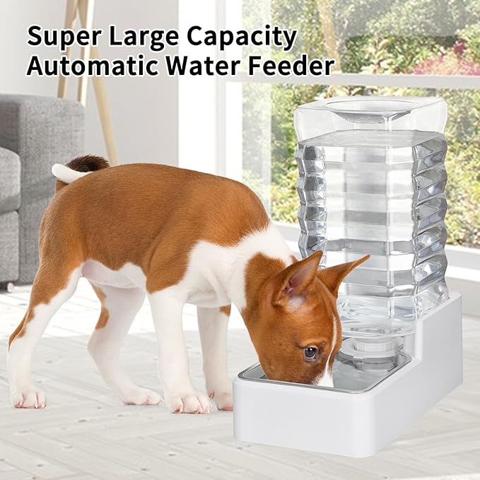 Automatic Dog Water Dispenser: White 9L Stainless Steel Gravity Feeder - BPA-Free Large Capacity for Pets