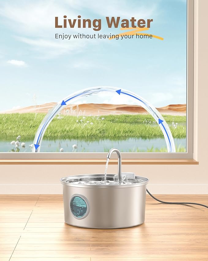 Stainless Steel Pet Water Fountain: 108oz/3.2L Cat Fountains with Led Light - Metal Bowl