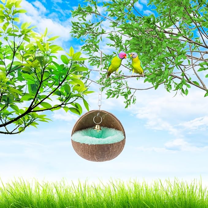 2 Pcs Natural Coconut Shell Bird Nest House Bed Breeding Nesting Anti-Pecking Bite with Warm Pad and Bell for Bird Parrot Budgie Parakeet Cockatiel Conure Lovebird Canary Finch