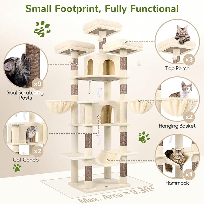 Globlazer Big Cat Tower for Indoor Cats, 80inch Cat Tower for Multiple Adult Cats XXL Cat Tree with Scratching Post, Hammock, 3 Perches, 2 Condos, 2 Hanging Basket, F80, Beige