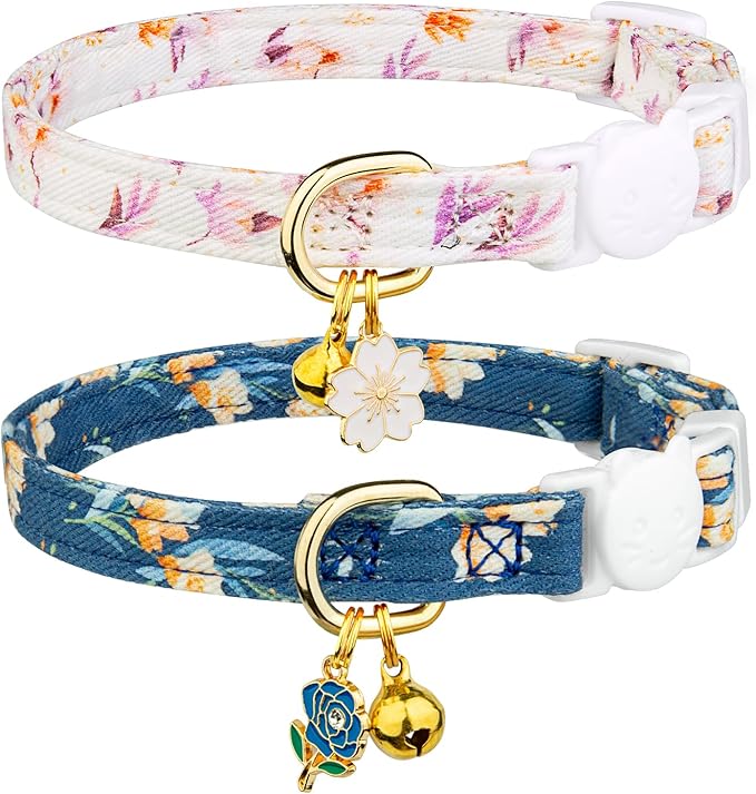 2 Pack Cotton Breakaway Cat Collar White and Blue Flowers Pendant Cute Kitten Cat Collar with Bell