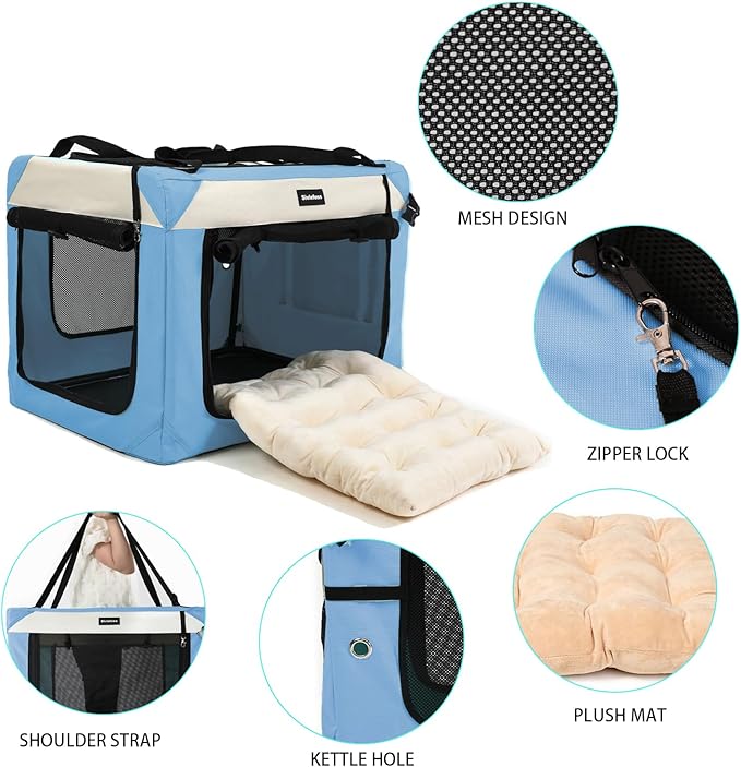 Large Cat Carrier Collapsible Travel Dog Crate Portable Soft-Sided Pet Kennel with Super Soft Warm Plush Pillow for Indoor and Outdoor 24x16x16in,Sky Blue