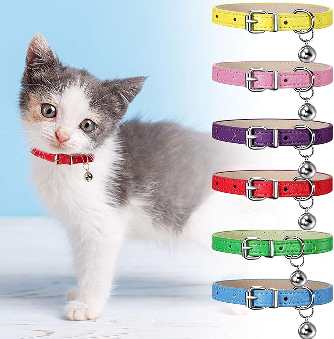 Weewooday 6 Pieces Leather Cat Collar with Bell Cute Pet Leather Kitten Collar for Boy Girl Cats with Safety Elastic Strap for Small Kitten Puppy(Bright Color)