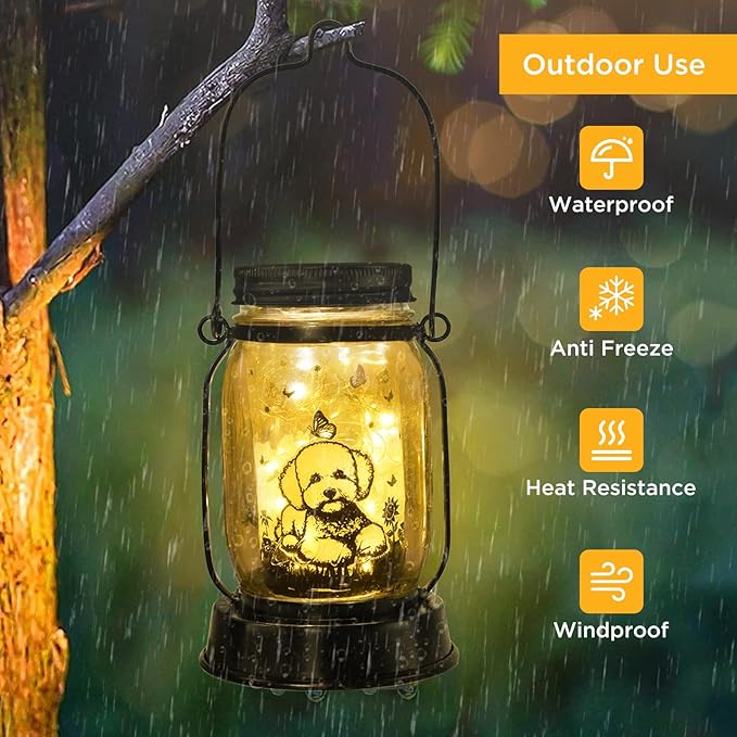 kyoryuger Bichon Dog Gifts for Women/Men Bichon Frise Solar Lanterns Birthday Dog Lovers Lantern Pet Loss Dog Memorial Lights Solar Garden Decoration for Yard, Patio,Backyard,Porch Torches Light