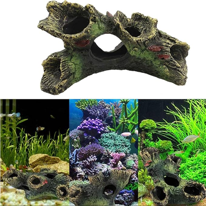 DoubleWood 2 PCS Decaying Trunk Betta Fish Driftwood Resin Crafts Ornament with Holes & Aquarium Caves Fish Tank Wood Decor
