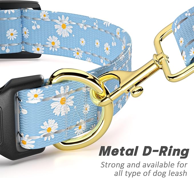 Reflective Dog Collar for Medium Dogs, Cute Daisy Theme Adjustable Heavy-Duty Nylon Puppy Collar for Boy and Girl Female, Soft Pet Accessories with Quick Release Buckle, Neck 14-20", Blue