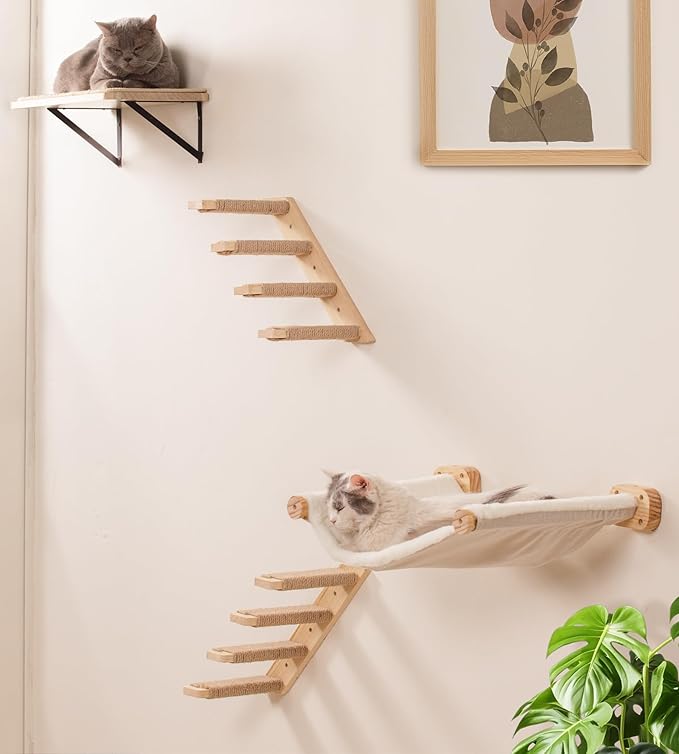Cat Wall Shelves Set of 4, with 1 Floating Fabric Hammock, 2 Ladders with 4 Steps Each & 1 Flat Shelf – Wall Mounted Bed Furniture & Climber for Large Cats, Indoor Playground