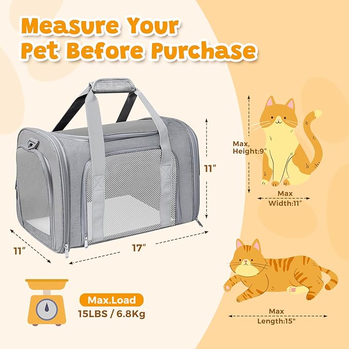 Cat Carrier Soft for Pets Up to 15 Lbs, Cat Travel Bag Soft-Sided with Padded Shoulder Strap, Pet Dog Carriers for Small Dogs Travel Puppy Carry Airline Approved, Grey