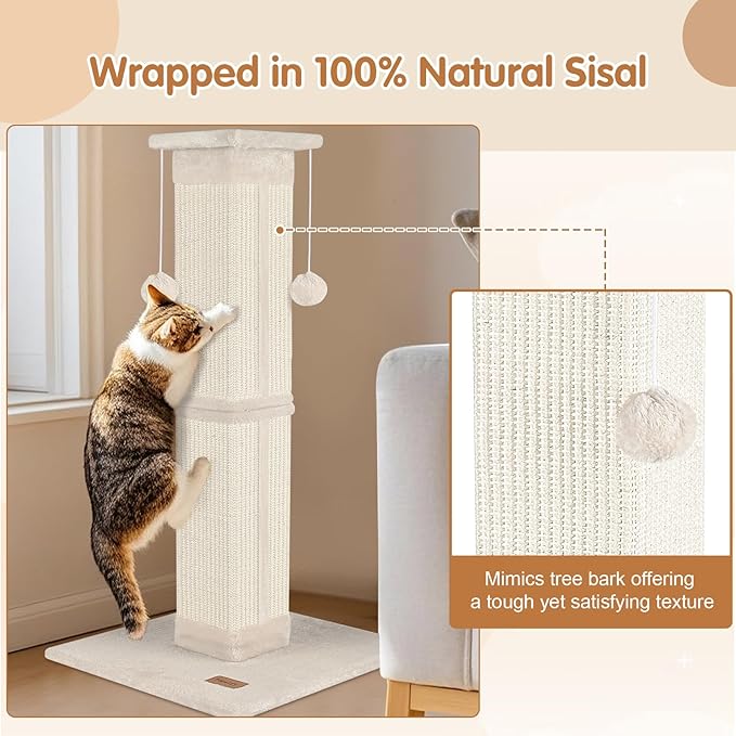 Cat Scratching Post 33 inch for Indoor Cats, High Cat Scratch Post Beige, Cat Tree for Full-Body Stretching, Protect Your Furniture