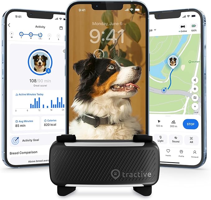 Tractive Smart Dog GPS Tracker | Live Pet Tracker with Virtual Fence | Vital Signs Monitoring of Heart & Respiratory Rate | Bark Monitoring | Dog Collar Attachment (Black)