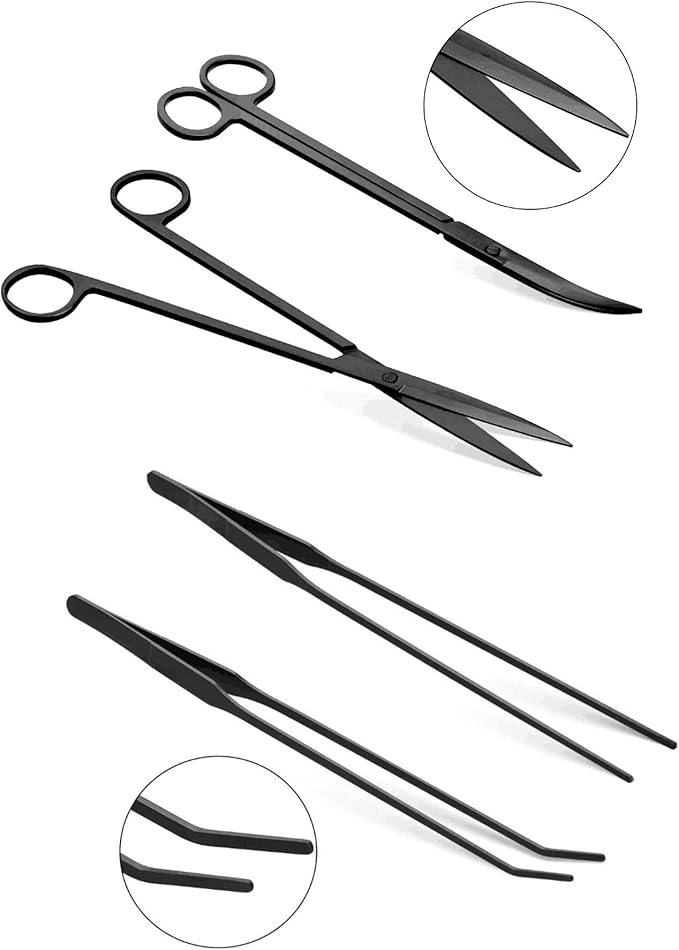 Aquascaping Tools 7 in 1 Kit Aquarium Plant Scissors Tools Set Curved & Waved Scissor Tweezers Spatula Stainless Steel Anti Rust Tools for Aquascape Black
