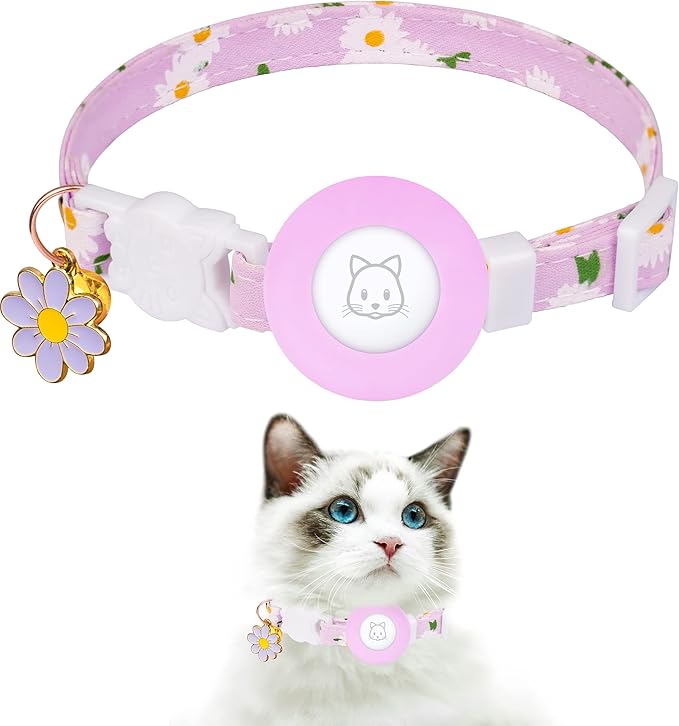 Airtag Cat Collar, JXFUKAL Kitten Collar Breakaway with Silicone Airtag Holder, Bells & Flower Charm for Girl Cats Boy Cats Small Dogs(Purple)