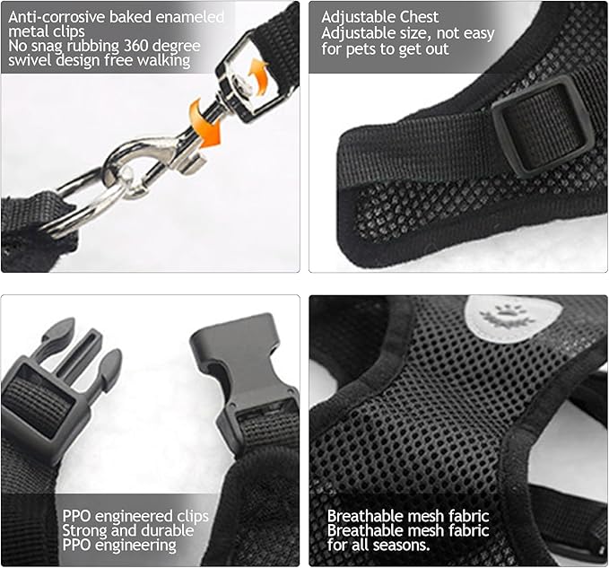 shudyear Summer cat Chest Harness and Leash, Anti-Escape Adjustable Soft mesh cat Leash and Chest Harness Set for All Types of Cats cat Vests (Size L,Black)