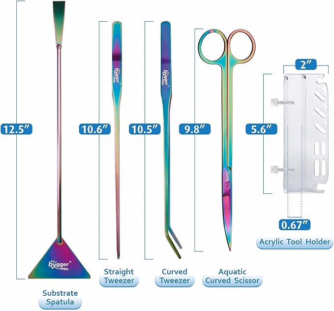 hygger 6-in-1 Long Aquarium Aquascaping Tools Kit, Color Stainless Steel Premium Aquatic Plant Tweezers Scissors Spatula Kit Comes with 1 Tool Holder and 1 Cleaning Cloth, for Fish Tank Starters