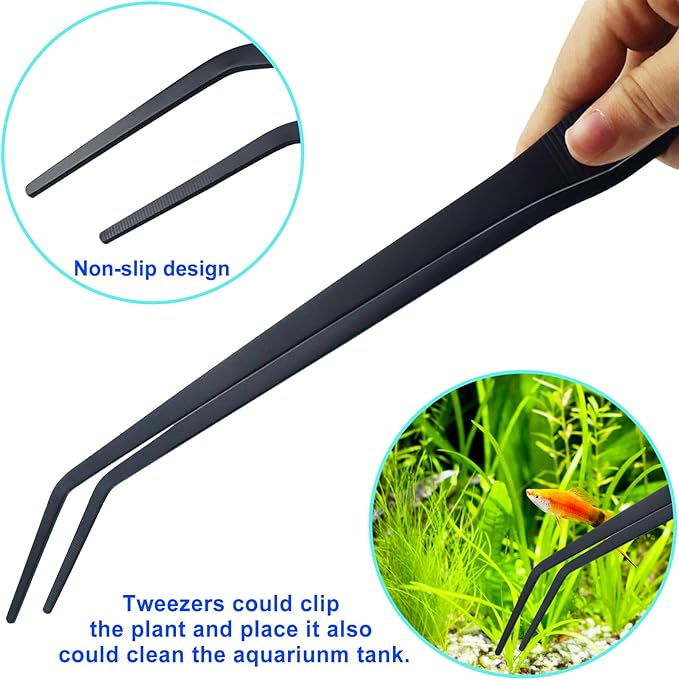 Aquarium Aquascape Tools Kit, Long 15 Inch Stainless Steel Aquatic Plants Tools, 4 in 1 Anti-Rust Black Aquascaping Tweezers Scissors Spatula Scrapers Tool Set for Fish Tank Cleaning Plant Trimming