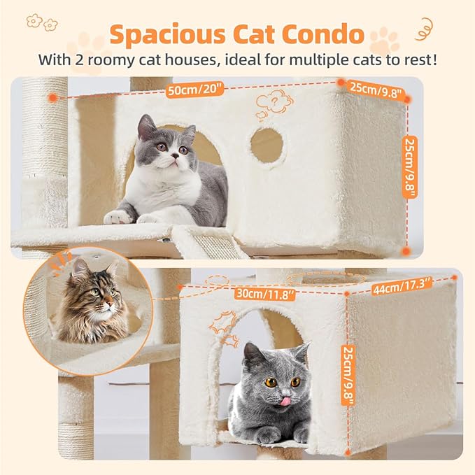 Taoqimiao Cat Tree 71-Inch, Cat Tower for Indoor Cats Large Adult, Multi-Level Large Cat Condo, 8 Sisal Scratching Posts, Metal Frame Cozy Hammock, Scratch Board, 2 Top Perches, Beige MS026LM