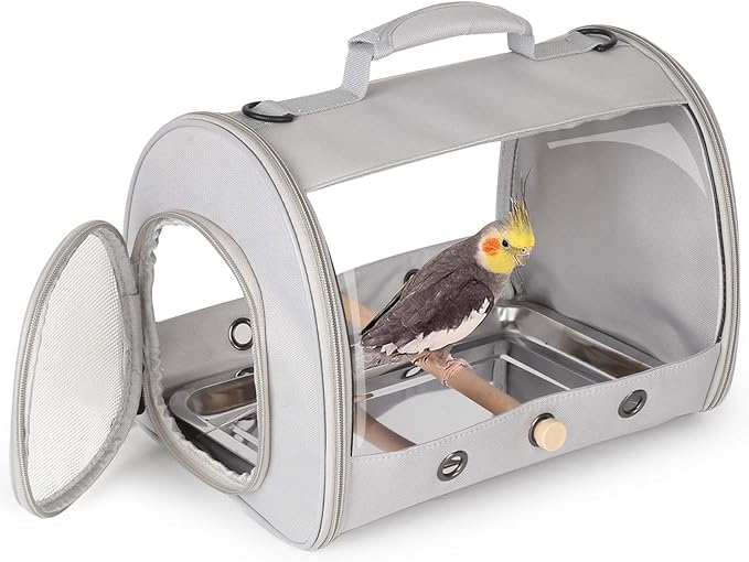 Small Bird Travel Carrier Cage for Long Tail BirdCockatiel Parakeet Parrot, Includes Metal Tray Soft Mat and Wooden Standing Perch, Hands Free Lightweight Clear 2 Windows